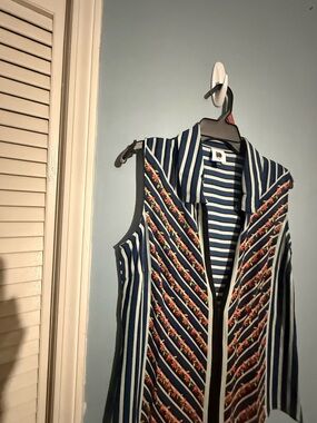 CAbi Navy, White & Red Striped Floral Zip Front Sleeveless Top